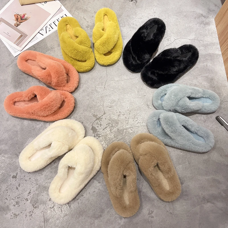 

2021 fashion ladies vegan faux fur slippers, open-toed Muller fluffy home slippers, ladies winter slippers, Customized color