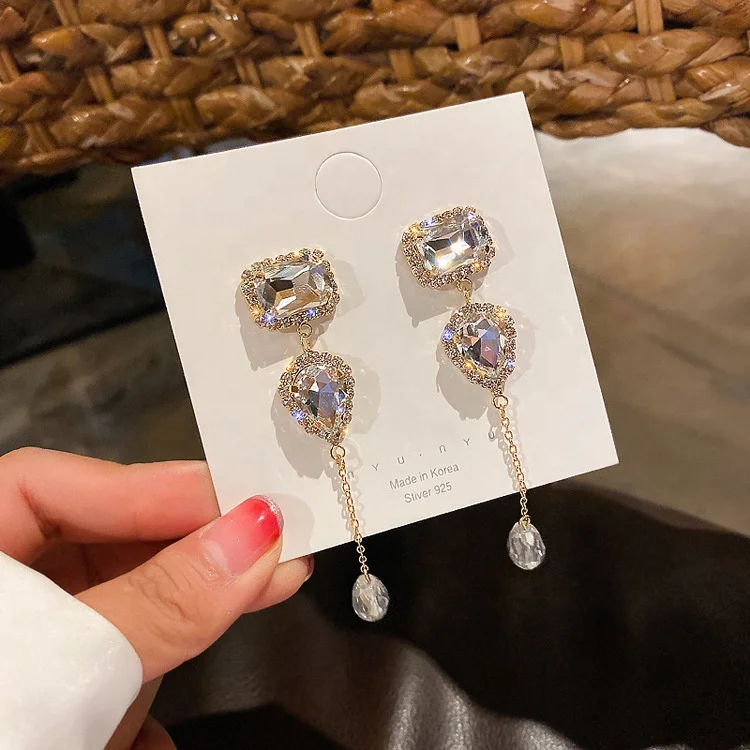 

Female Exquisite Rhinestones Geometric Crystal Long Tassel Earrings Korean Temperament Fashion Women's Accessories Jewelry, Picture shows
