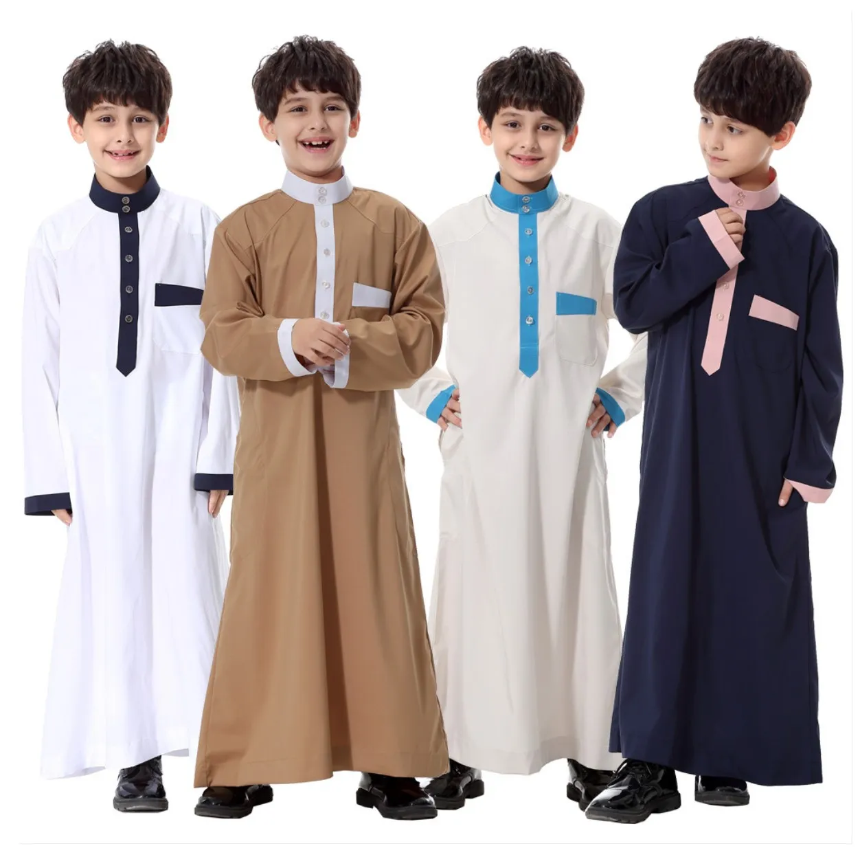 

Hot Sale Arabian Middle Eastern Muslim Teen Boy Thobe Robe Islamic Kids Abaya Clothing with Pocket, White, beige, navy, camel