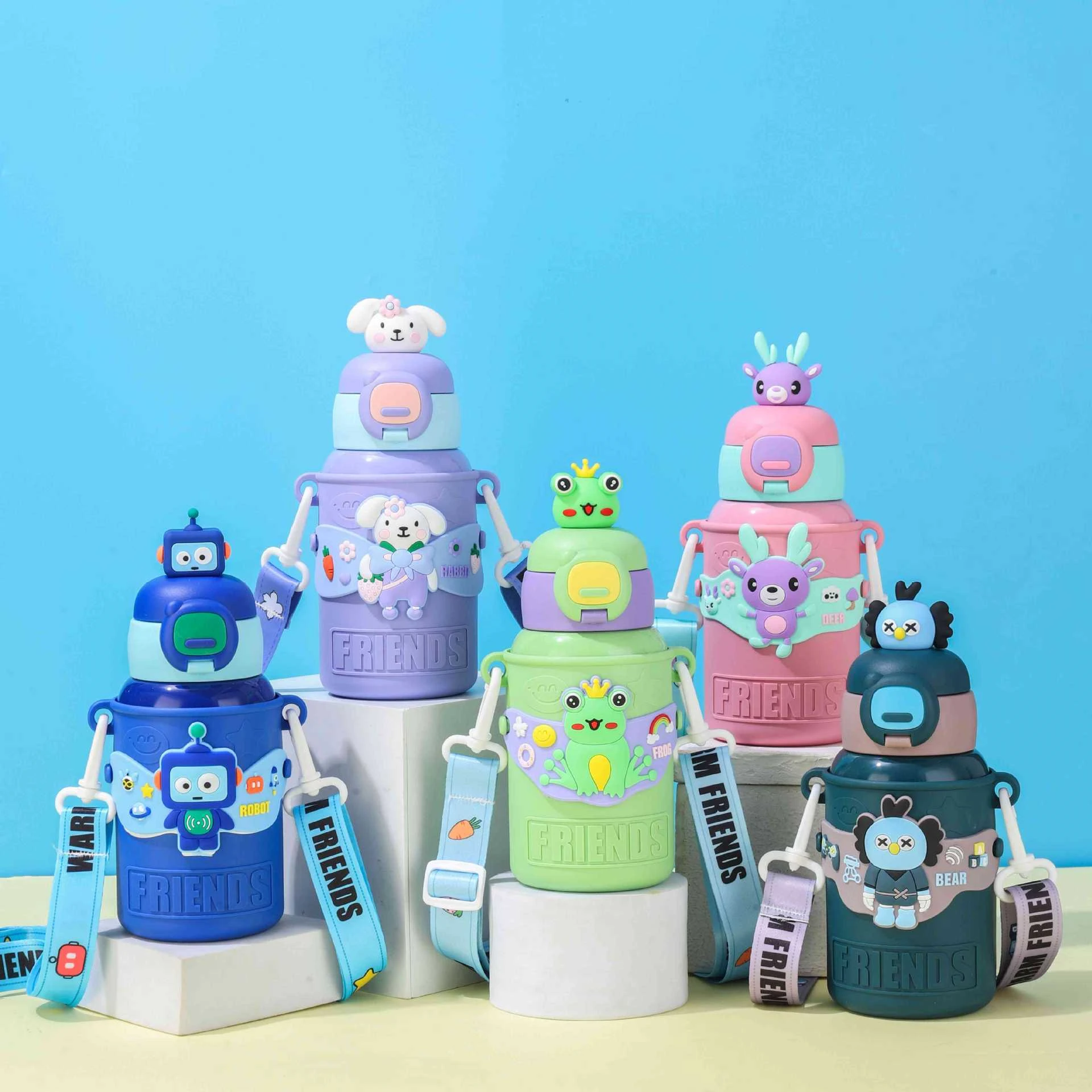 

New funny cartoon children's doll thermal insulated vacuum flask student outdoor portable straw fashion gift kids cup