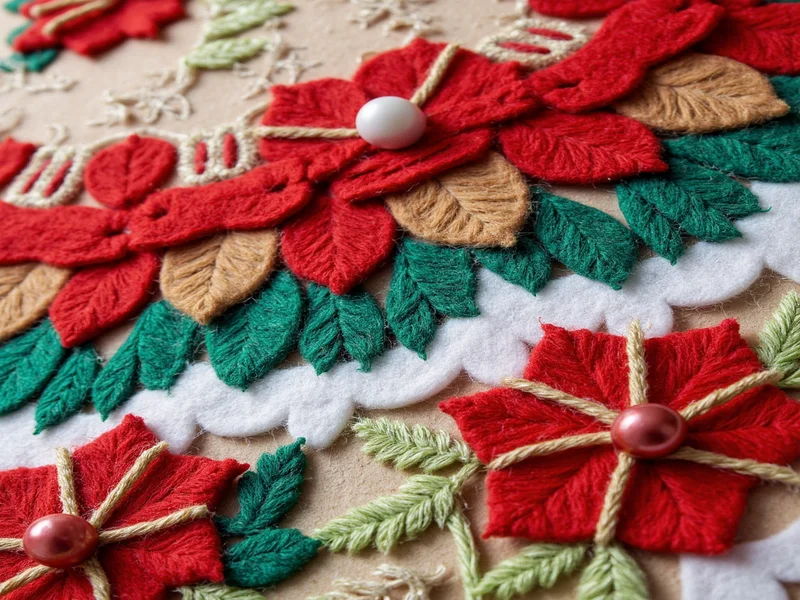 Close-up of layered felt ornament with embroidered details