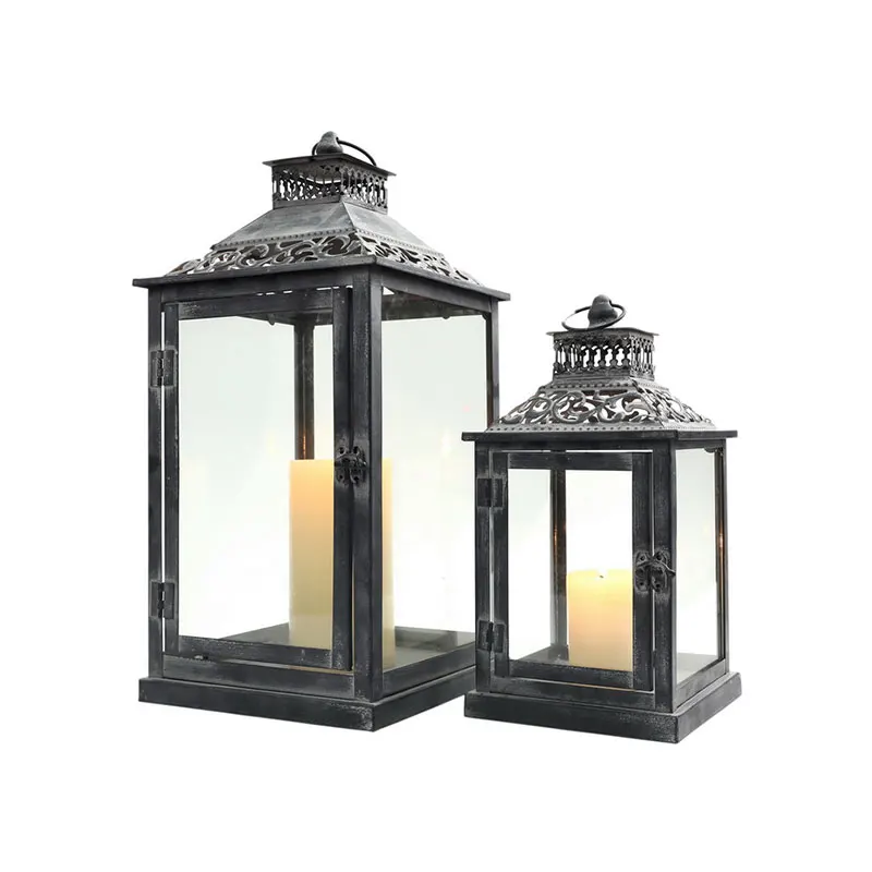 

RTS Amazon Hot Selling Candle Lantern Set of 2 Antique Grey Brush Decorative Metal Candle Hanging Lanterns Vintage Style