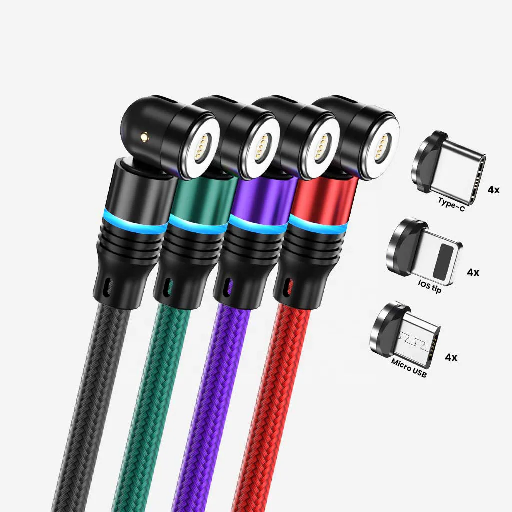 

Fast charging magnetic charging cable 3A led light magnetic usb charger 540 degree 3 in 1Data Line mobile phone accessories, Black white