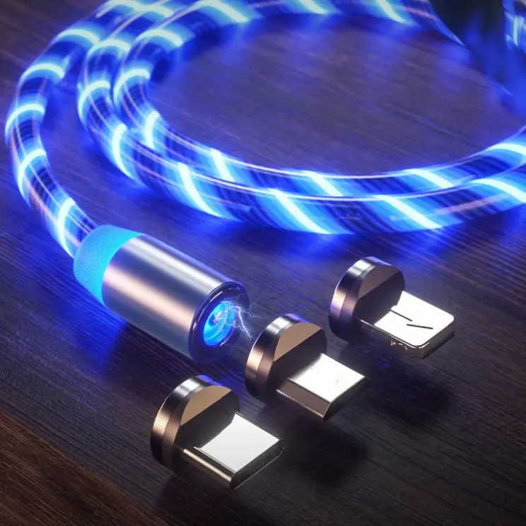 

Hot sale 3 in 1 Magnetic charging Cable Lighting LED Flowing Fast Charging Cable micro Usb Cable, White red blue green