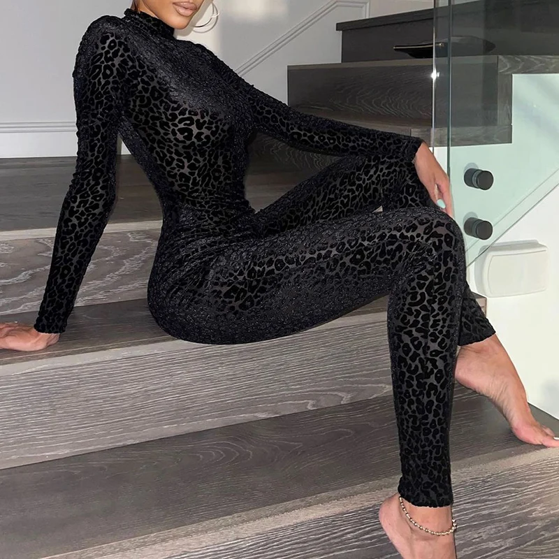 

Autumn winter sexy leopard print long sleeve bandage jumpsuit women