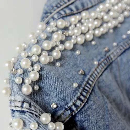 

2022 Spring Autumn Women Basic Coats Women Denim Pearls Beading Fashion Jeans Coat Loose Long Sleeve Jackets