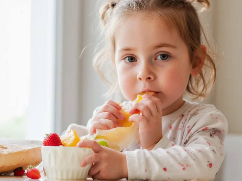 Kid enjoying healthy fruit and yogurt snack with colorful toppings