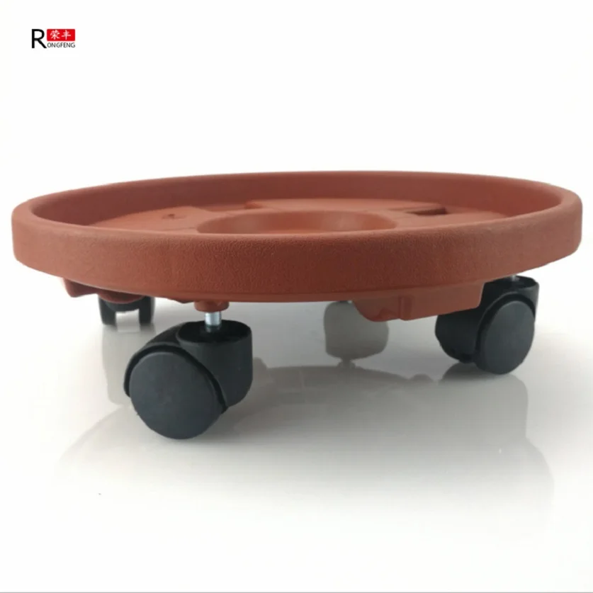 

375mm Groove type round plastic movable plant caddy / flower plant pot roller rack flower stand with wheels, Terracotta
