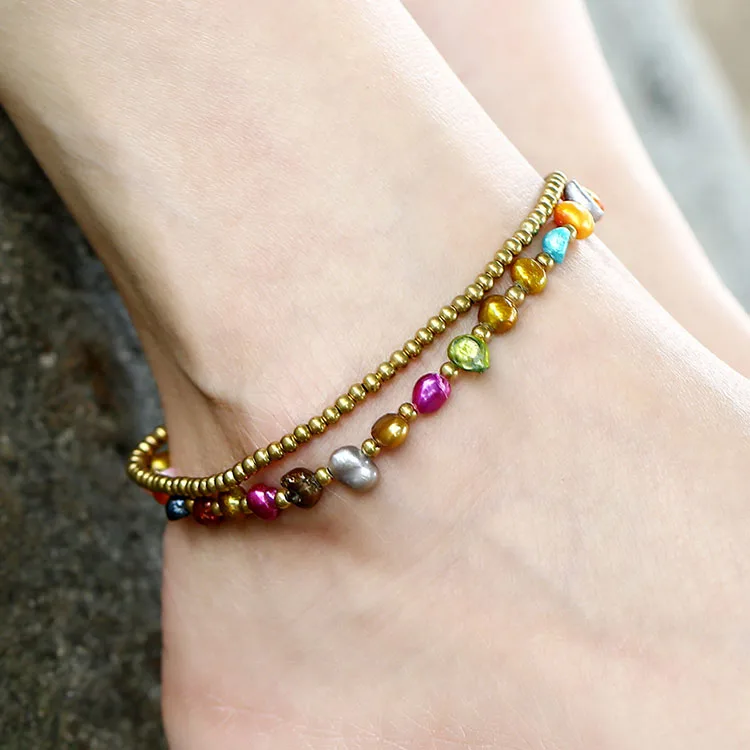 

AS1007 Summer Beach Jewelry Chic Natural Freshwater Pearl & Brass Beaded Ankle Bracelet Anklets for Ladies
