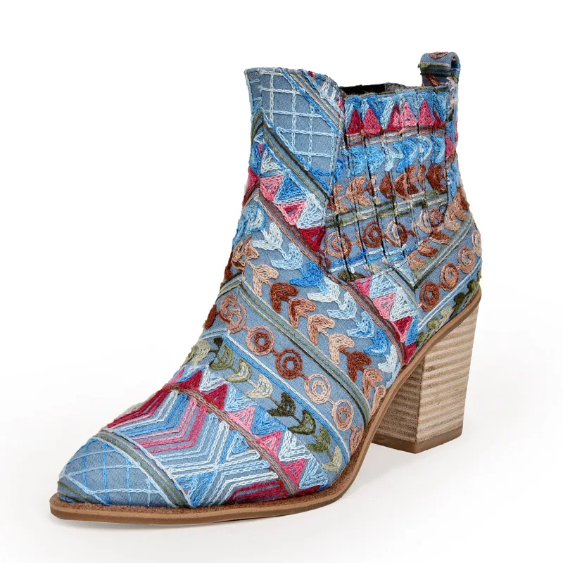 

Women New Fashion Emboss Ankle Boot Totem Cowhide Genuine Leather Handmade Zipper High Block Heels Comfy Boots