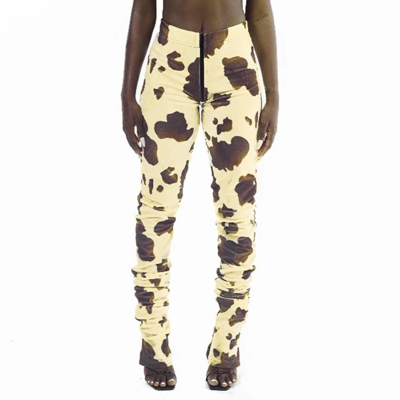 

YIWU XINYU Amazon fashion cow pattern print zip up trousers casual stacked pants women ruched workout pants