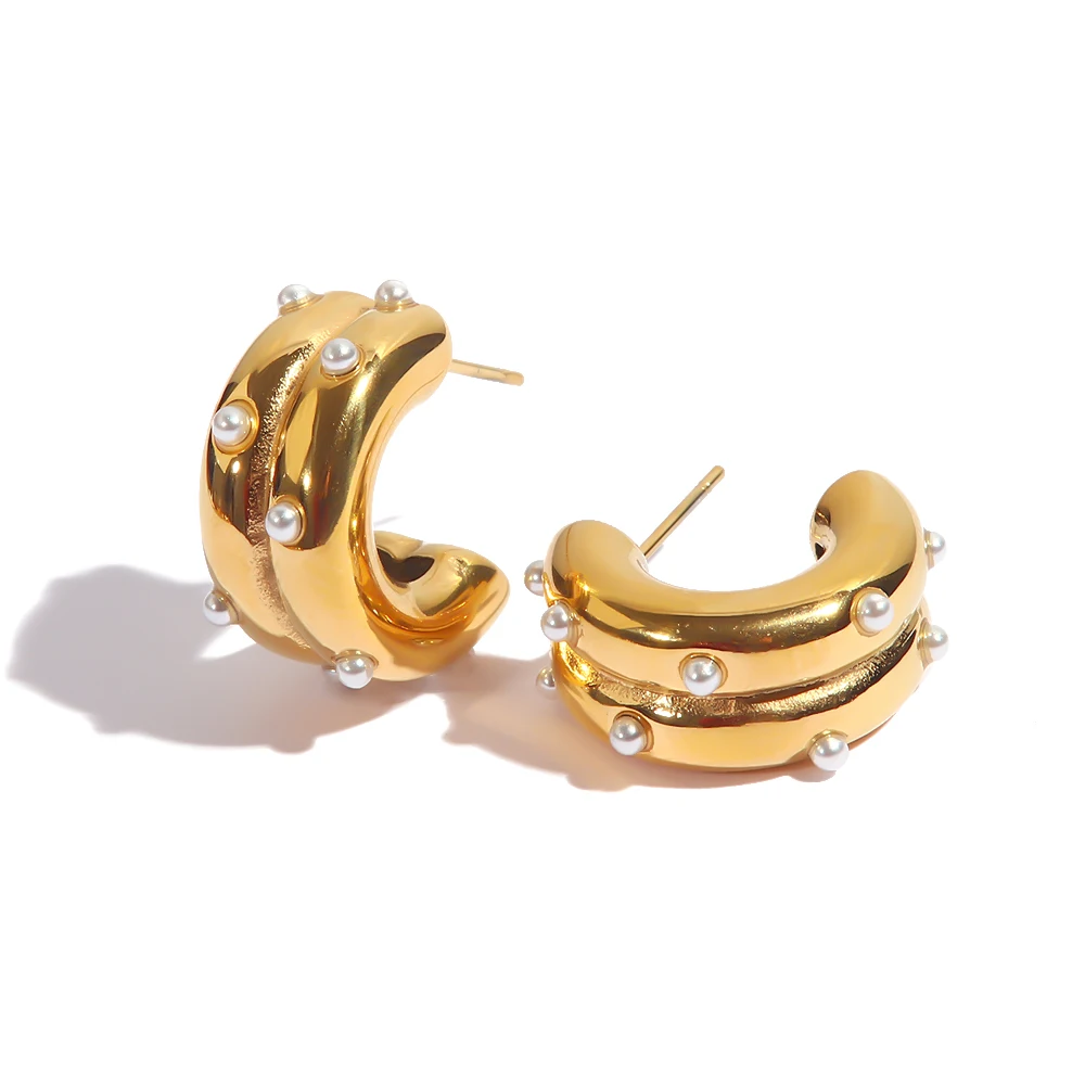 

Waterproof Geometric CC Shaped 18K Gold Plated Stainless Steel Hoop Pearl Earrings For Women