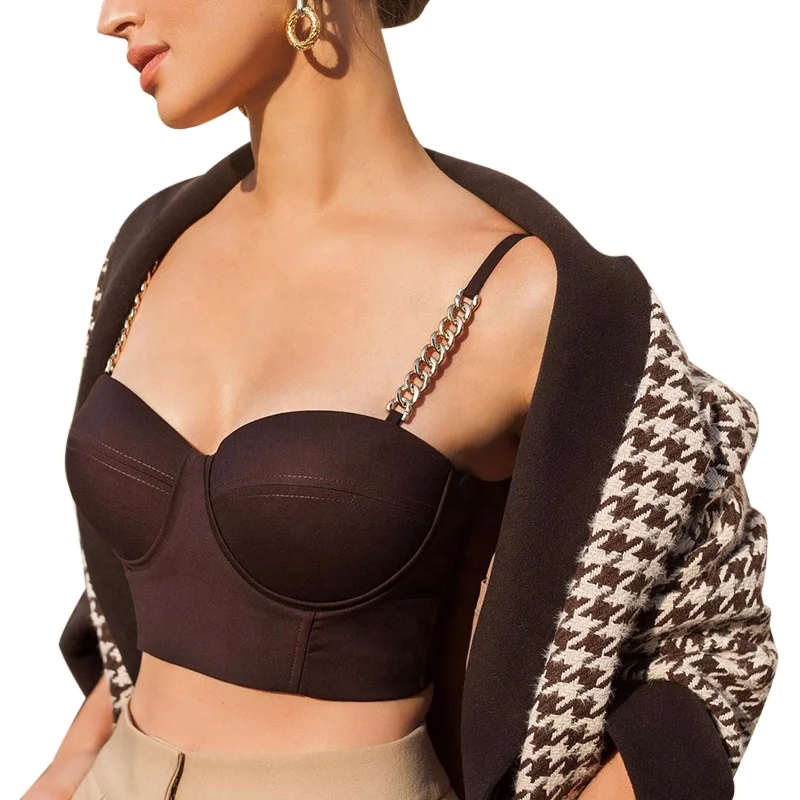 

Sexy Chain Spaghetti Strap Bustier Crop Top To Wear Out, Black, brown, beige