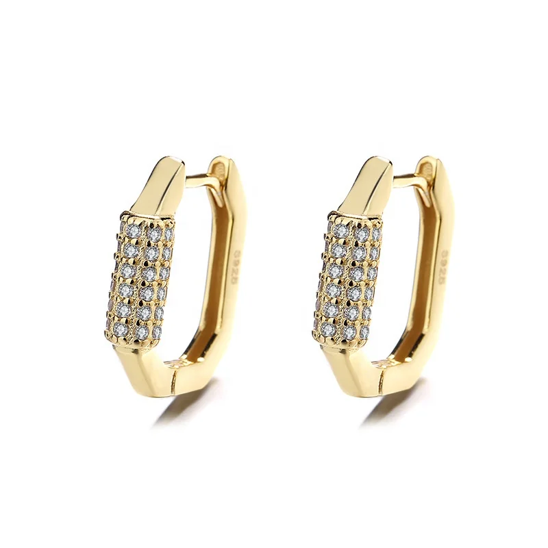 

Plated 18K Golden Jewelry Brilliant Rhinestone 925 Sterling Silver Ellipse Geometry Huggie Earring, White, gold