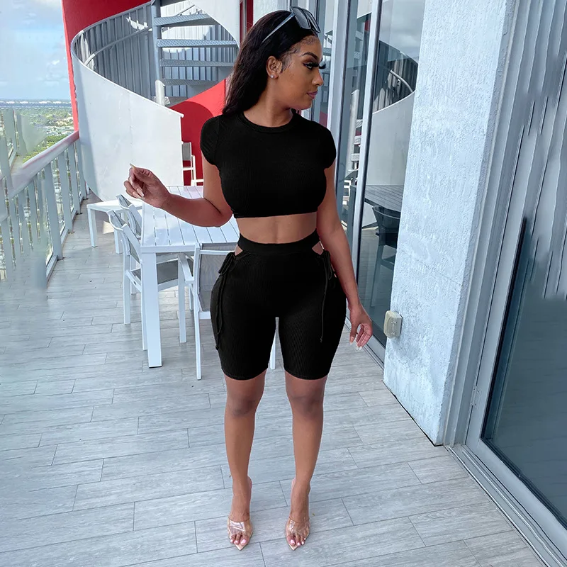 

Casual Solid Color Fitness Jogger Short Sleeve T-shirt Cut Out Bandage Two Piece Pants Set