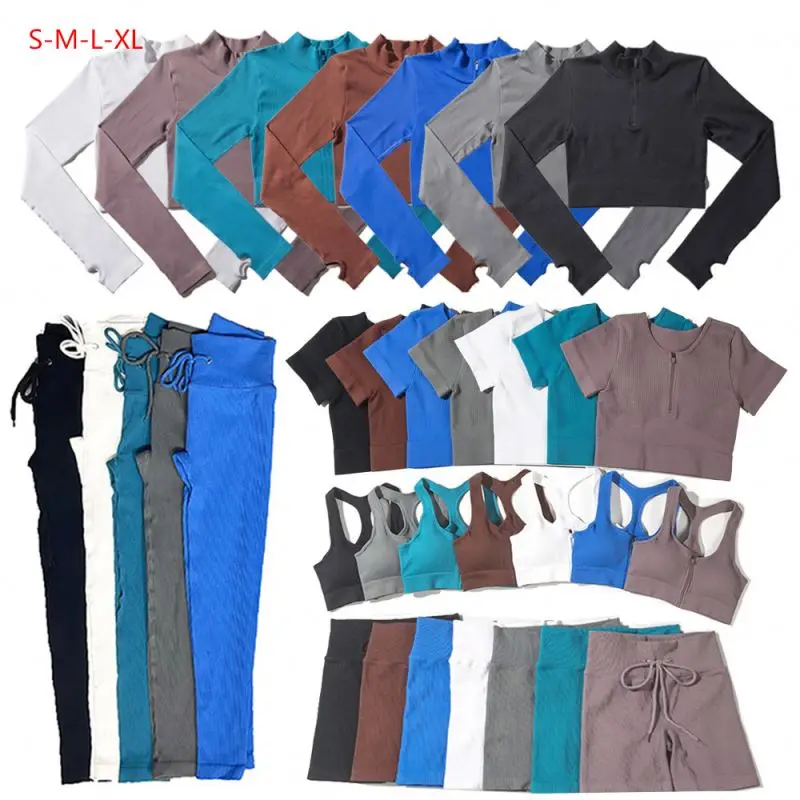 

3 4 5 Piece Ribbed Seamless Yoga Set Workout Active Plus Size 2022 Hight Waist Suit Women Sports Wear Breathable Logo Print 1pcs
