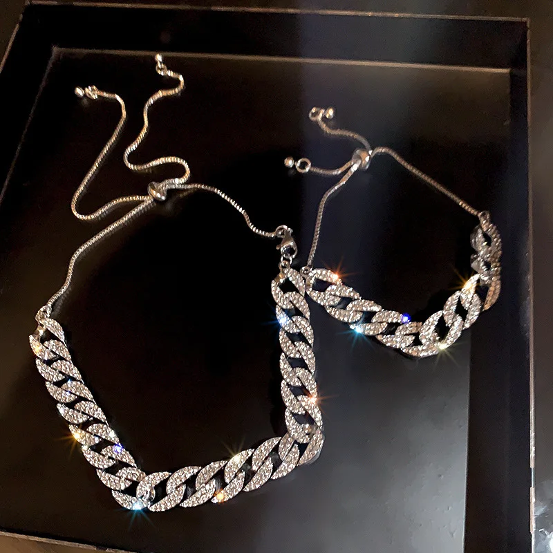 

2021 spring rhinestone jewelry sets 925 silver plated personalized diamond inlaid CUBAN CHAIN BRACELET NECKLACE SET