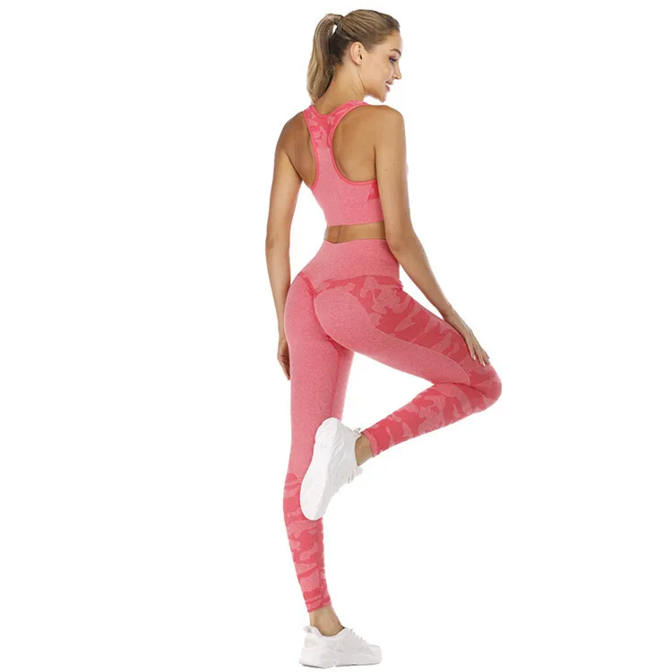 

Women Seamless Sports Set Custom Yoga Pants Sets 2PCS Scrunch Camo Workout Leggings and Tops Set, Accept customers color