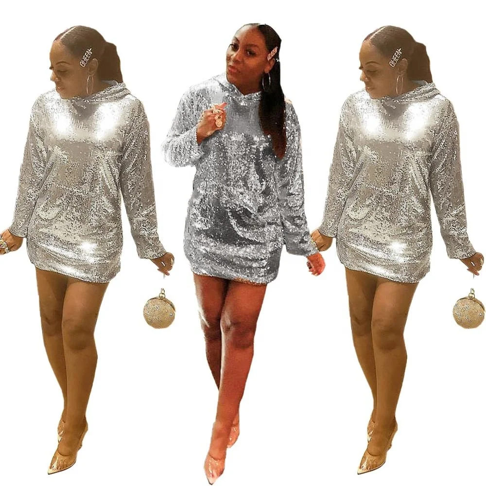 

B62048A Silver sequined hoodie night club women dress