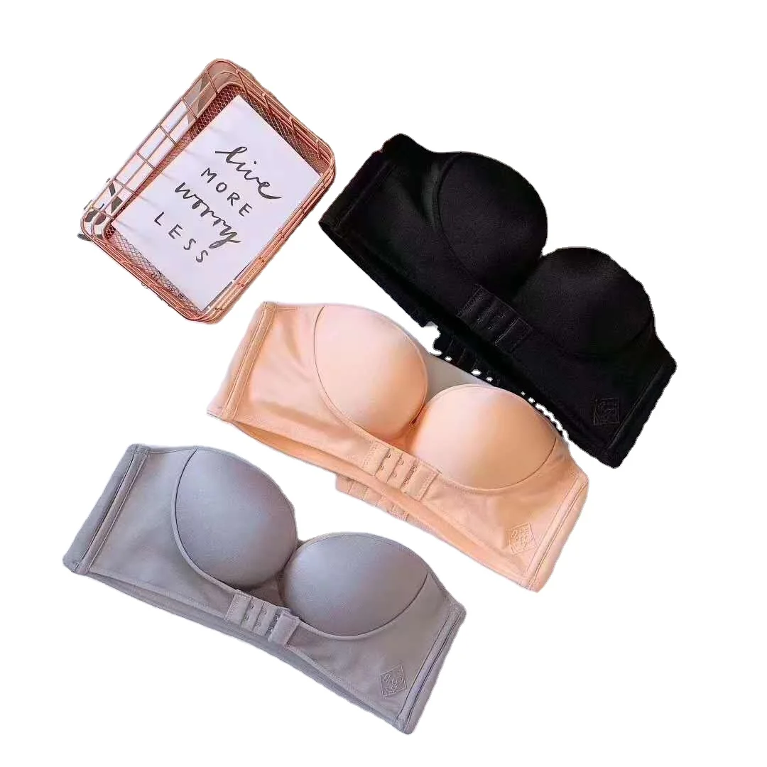 

Factory hot sell wireless Push Up Non Slip Invisible Bra Strapless Front Buckle Lift Strapless Bra For Wedding Dress, Black, gray, skin