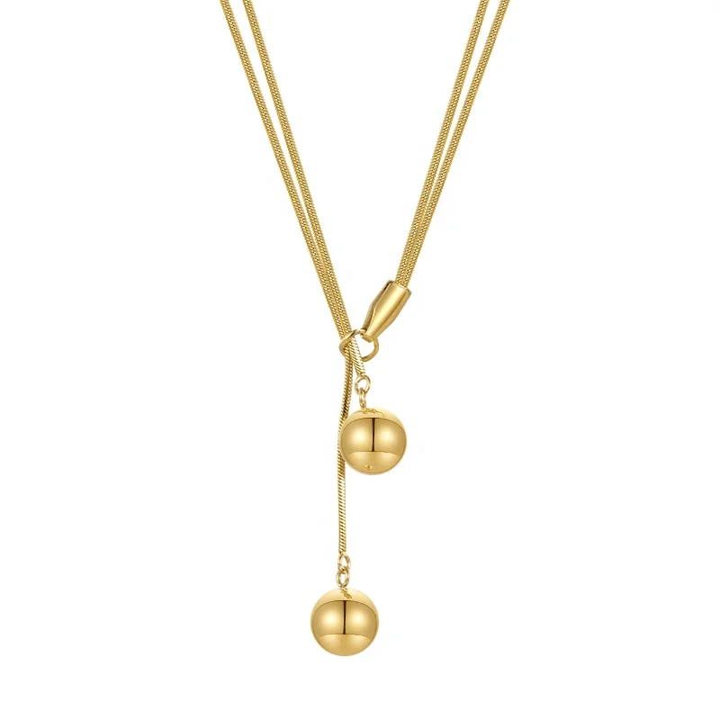 18K Gold Plated Stainless Steel Jewelry Double Layer Round Snake Chain Steel Ball Pendant Accessories Necklaces P223294