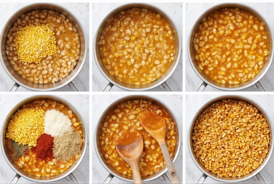 Step-by-step meatless white chili cooking process showing beans, corn, and spices in a pot