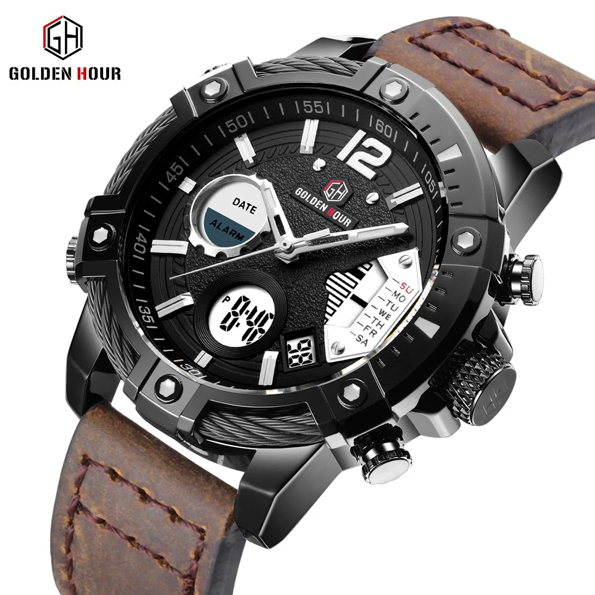 

GOLDENHOUR Luxury Brand Analog Digital Wrist Watch LED Gent Orologi Water Resistant Sport Military Watches Men Quartz Watches
