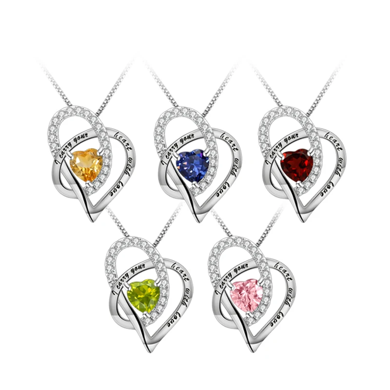 

C8961 Abiding Symbolic Birthstone Engraved Heart Shaped Pendant Jewelry 925 Sterling Silver Women Necklace For Bridal