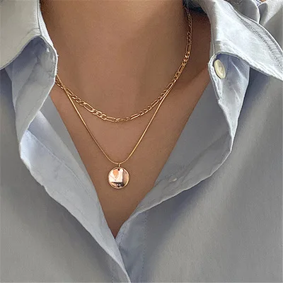 

New Fashion Gold Plated Figaro Chain Circle Pendant Necklaces Double Layer Link Chain Disc Necklace For Party
