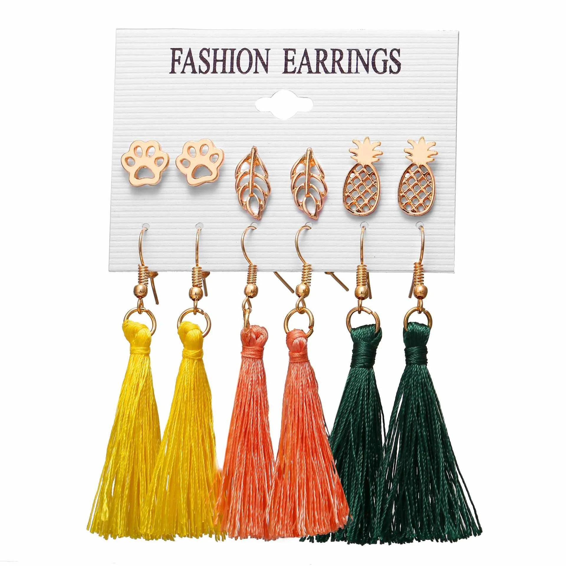 

Bohemian Tassel Dangle Earring Set For Women Mix Colors Pineapple Leaf Stud Earrings Hot Selling