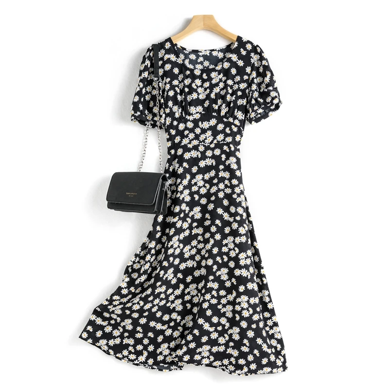 

Summer 2020 round neck long casual waist slim floral dress silk for ladies
