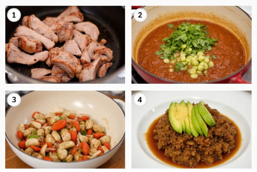 Step-by-step visual guide showing searing pork, adding tomatillos, and final plated chili verde with avocado garnish