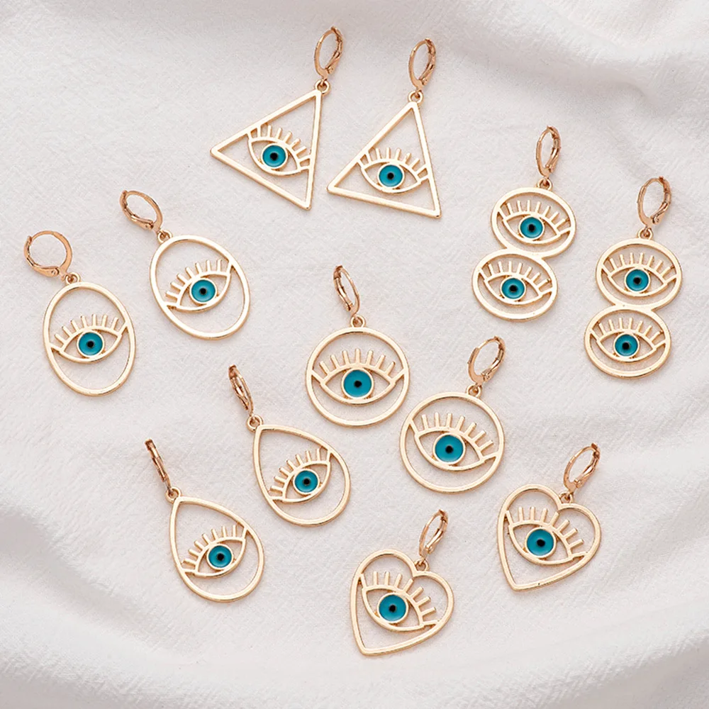 

Fashion Vintage Geometric Circular Heart Gold Plated Turkey Evil Eye Drop Earring Jewelry for Women Female