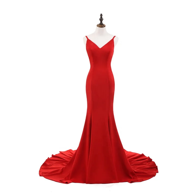 

Fashion Spaghetti Strap Red Evening Dresses Tailored Simple Backless Evening Gowns
