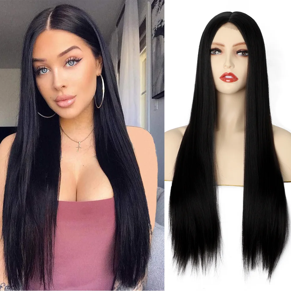 

Wholesale long straight hair african wigs long hair chemical fiber full headgear lace frontal wig pre plucked