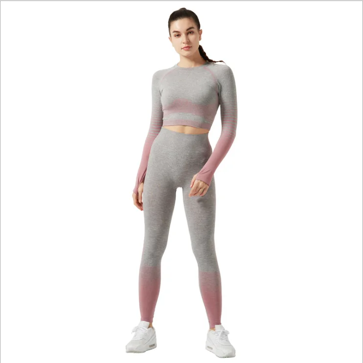 

Europe and America yoga suit suit ladies large size fast dry fitness two piece set of gradual change exercise set, Can be customized