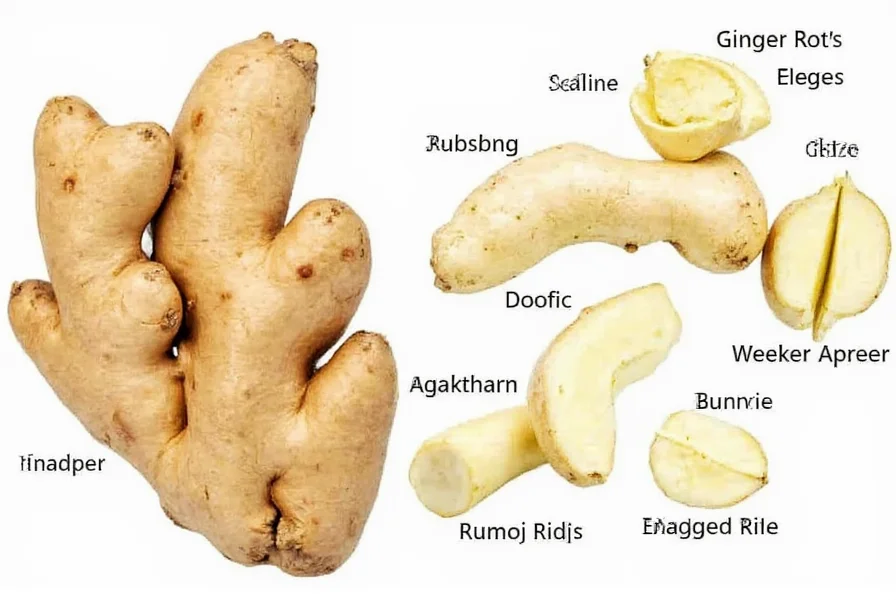 Close-up photograph of fresh ginger root showing knobby texture, light brown skin, and pale yellow interior with visible fiber patterns