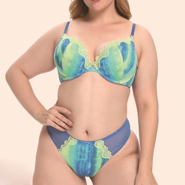 

New Design Tie Dyed Plus Big Boobs Size Brassiere Bra Set Lace Anti Sagging Plus Size Push Up Bra Set For Fat Women, Blue