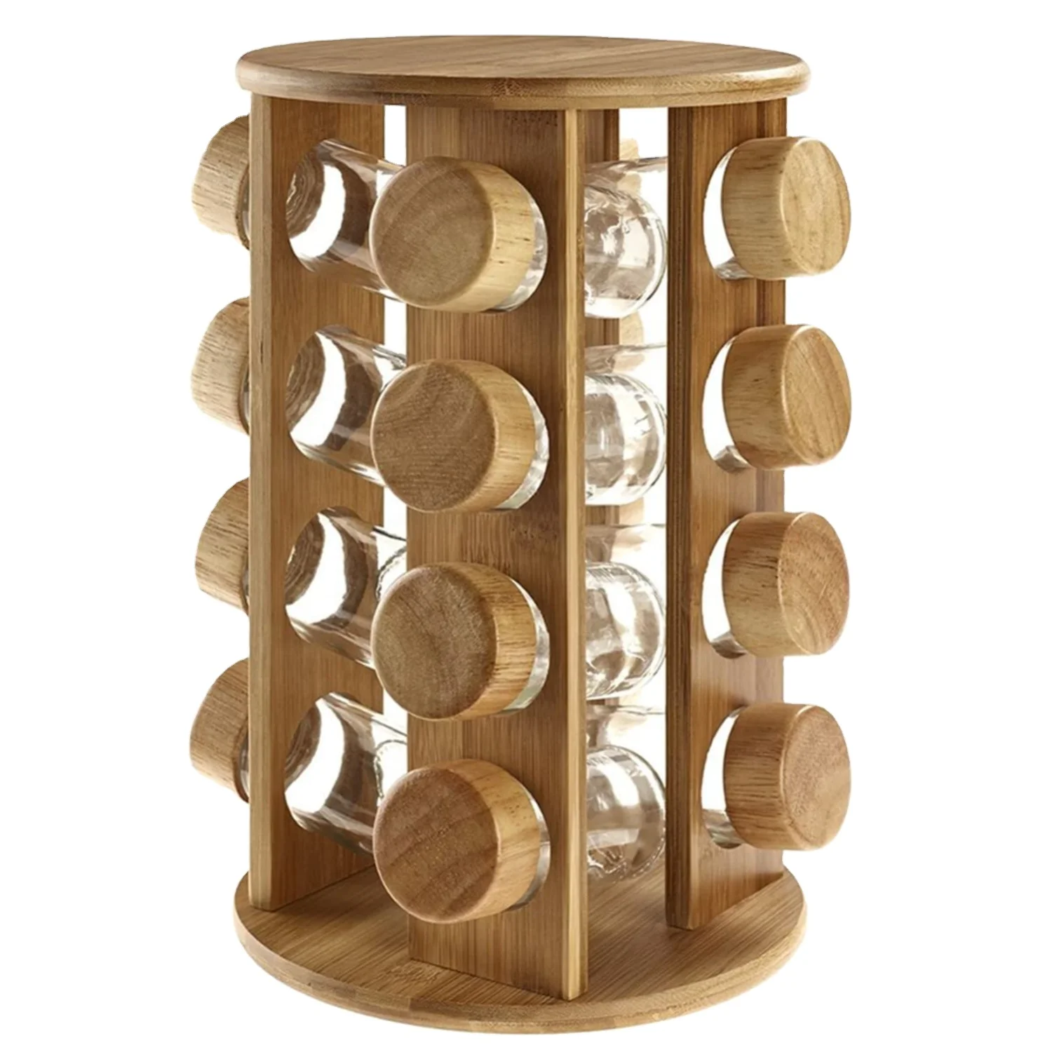 

Sample Avaliable Wholesale Kitchen Bamboo Wooden Rotating Revolving Spice Organizer Jar Rack Set with 16 Glass Jar, Natural bamboo