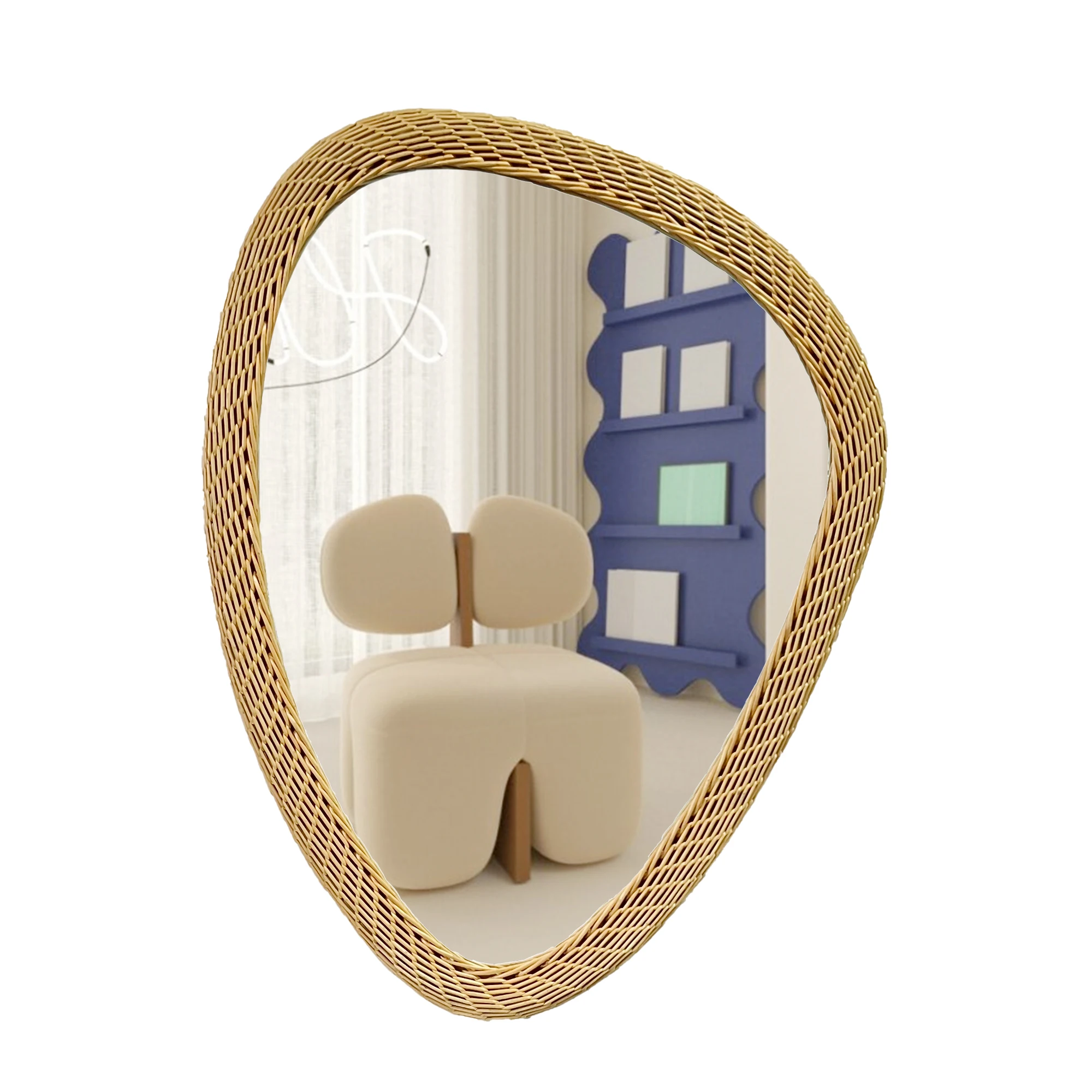 70x51cm Bohemian Style Home Decoration Mirror Handmade Rattan Woven Mirror Factory Direct Sales
