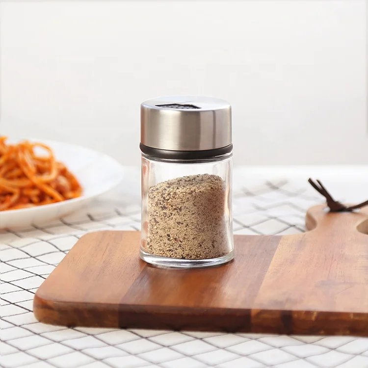 

LFGB Stainless Steel Top Bottle Shaped Salt Shaker Modern Spices Stainless Steel Salt and Pepper Shaker with Glass Jar