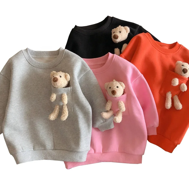 

Hot Sale Autumn Winter Warm Boys Baby Girls Bear Sweatshirt Kids Candy Color Plush Pullover Tops, Grey, pink, orange, black