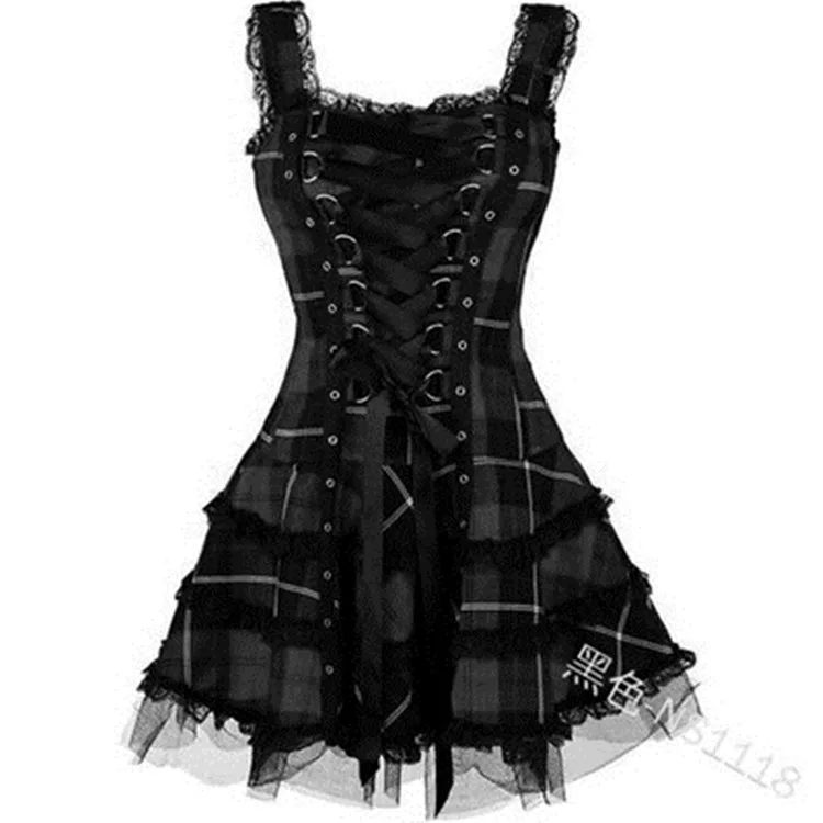 

Gothic Punk style plaid dress Women Plus Size Cool Solid Lace Up Sleeveless strap dress Camisole Mini Dress Coldker, As shown
