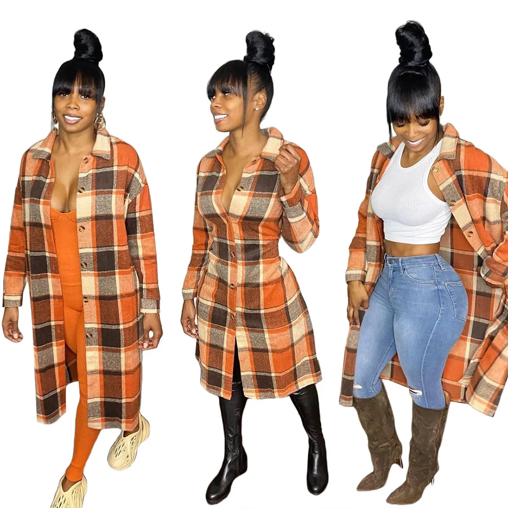 

Casual winter long sleeve single breasted plaid print trench jacket women coats, Grid printed