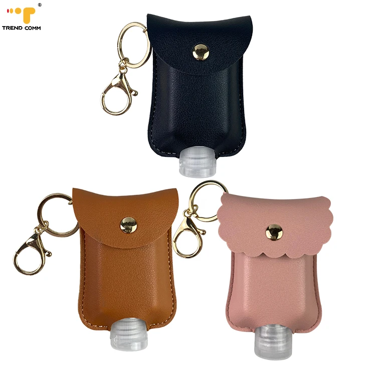 

High quality portable 60ML Leather Pouch Holder Keychain Empty Refillable Travel Squeezable Hand Sanitizer Bottle, 6 colors