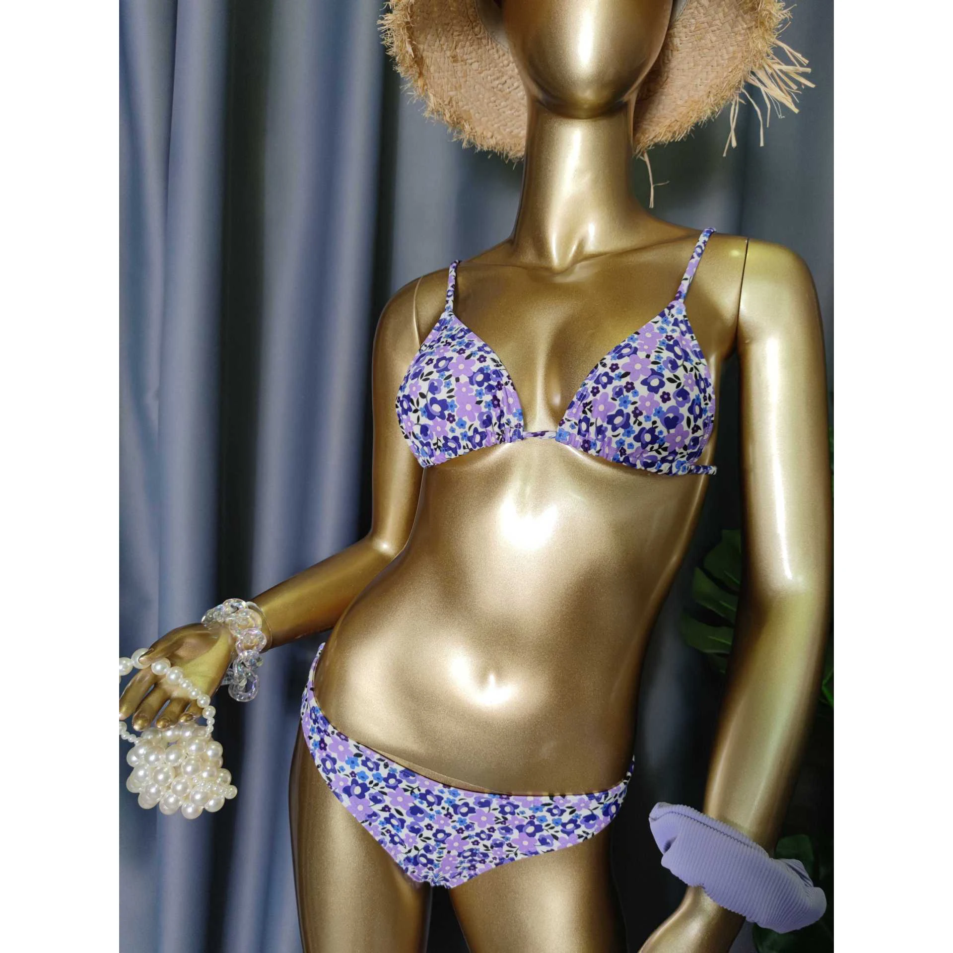 

2022 Custom Low MOQ Fast Delivery Purple Flower Printing Swimsuit Adjustable Strap Four Piece Swimwear, 1 color