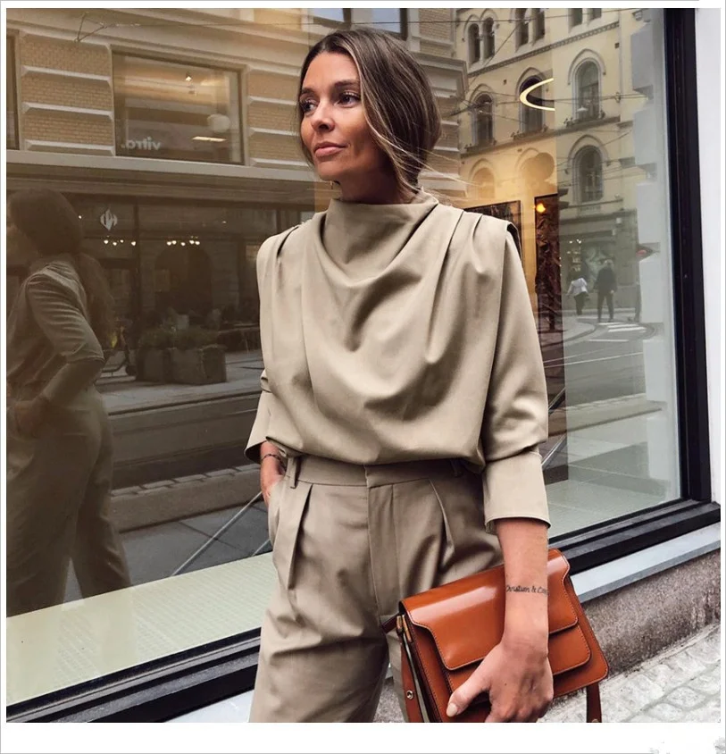 

Draped Collar Womens Tops And Blouses Elegant Long Sleeve Solid Office Blouse Ladies Shirt Casual Top, Khaki