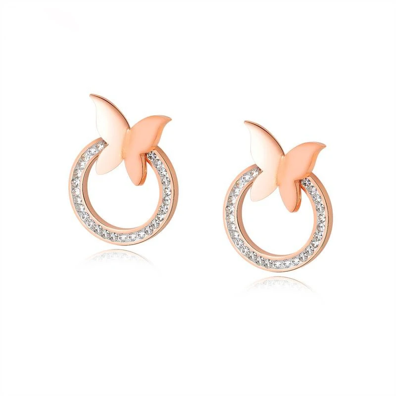 

New Hot Selling Butterfly 316L Stainless Steel Setting Stud Crystal Earring, Rose gold,gold,silver