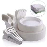 

Biodegradable Tableware Cornstarch Cutlery Set With Sugarcane bagasse plate