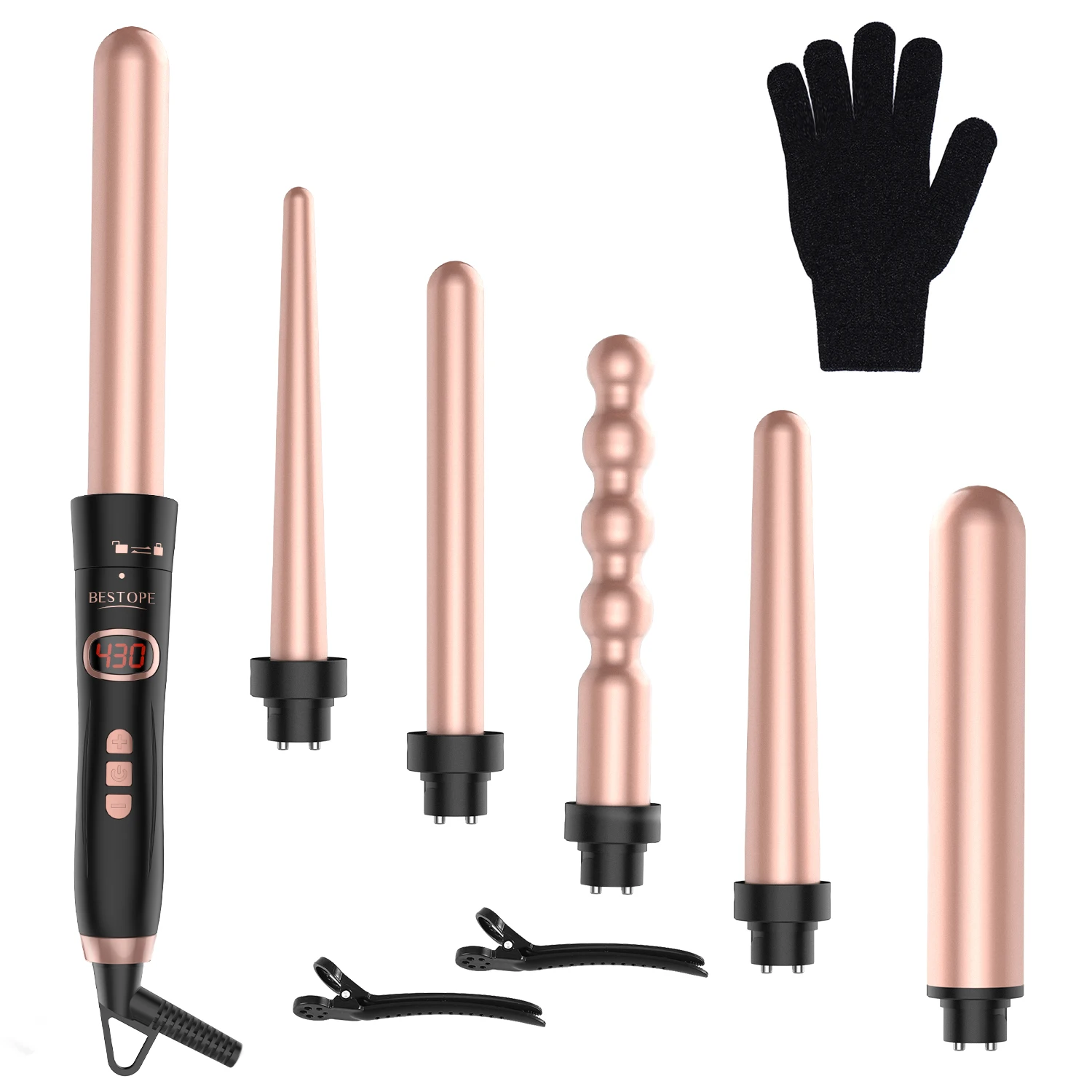 

Professional 6 in 1 Hair Curler Interchangeable Wand Curling Iron Set from BESTOPE, Rose gold